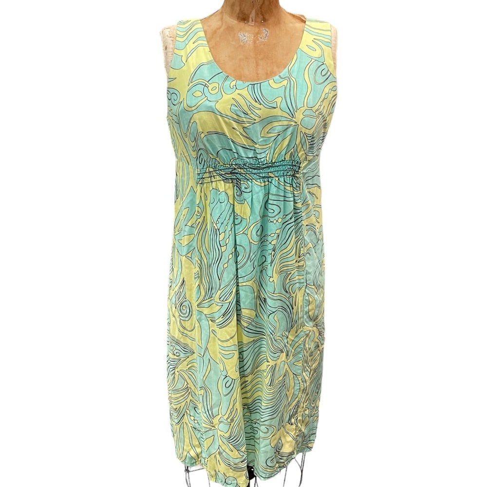 Iolani Hawaiian Midi Dress Aloha Floral Pleated Womens Sz XS Green Blue Tropical
